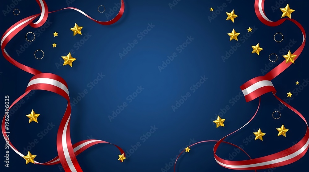 Fototapeta premium Patriotic ribbon and golden stars festive frame on blue background