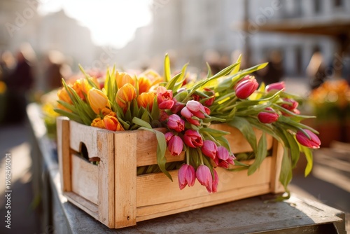 A wooden crate overflowing with fresh tulips, market scene