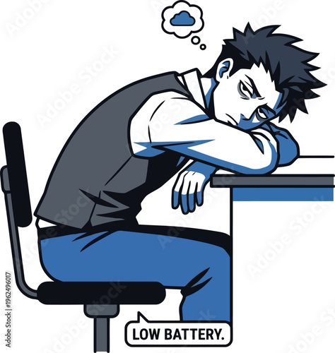 Tired businessman leaning on desk with low battery exhaustion warning