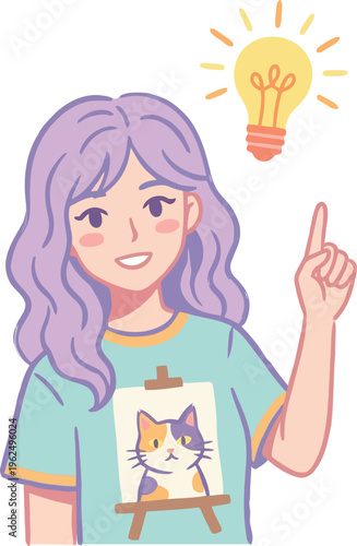 Girl with purple hair wearing cat shirt pointing at glowing lightbulb