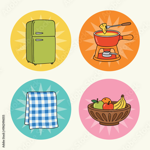 Set of kitchen icons including refrigerator, fondue pot, checkered towel, and fruit bowl.