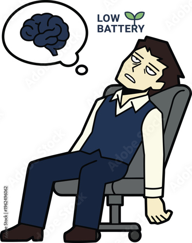 Exhausted man slumped in office chair with low battery mental drain