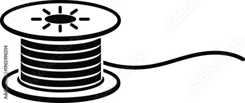 Black and white spool of thread with thread unwinding line sewing crafting