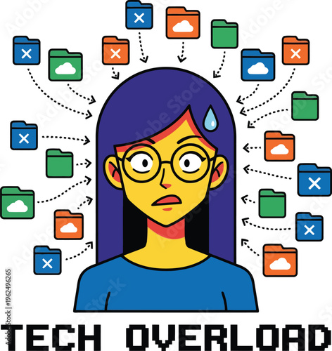 Woman overwhelmed by digital files, tech overload