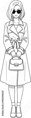 Line drawing of woman in trench coat and sunglasses with black and white