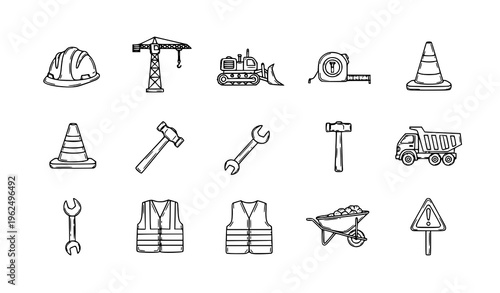 Hand sketched construction tools and machinery icons with bold lines for industrial design and contractor branding vector