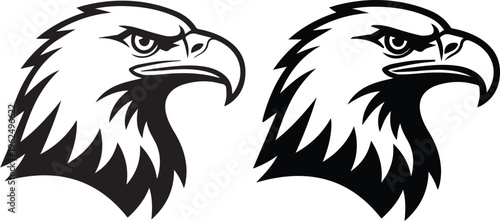 Eagle head icons, black and white vector graphics, bird symbols, wildlife illustrations
