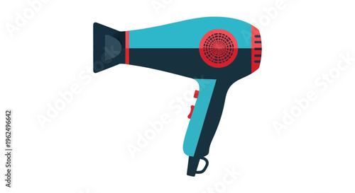 Hair dryer in vibrant cyan and red colors in modern illustration for beauty and haircare