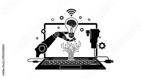 A black and white graphic illustration depicting artificial intelligence and machine learning tech