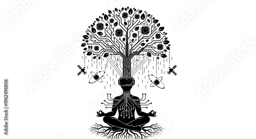 A black and white artistic illustration of a person meditating while connected to a digital tree