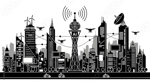 A black and white digital illustration of a futuristic smart city connected by artificial intelligence