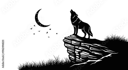 A black and white silhouette illustration of a lone wolf howling at a crescent moon on a cliff