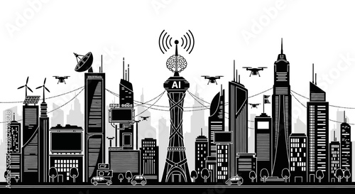 A black and white illustration of a futuristic smart city skyline controlled by artificial intelligence