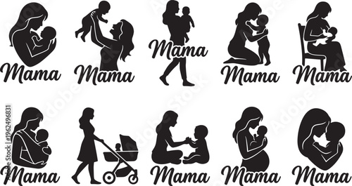 Black silhouette of diverse women and girls saying mama in various poses mother