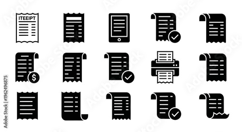 A collection of fifteen black and white icons depicting various types of paper receipts and bills