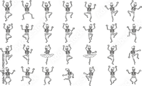 Cartoon skeleton silhouettes with crowns dancing in grid, three unique ballet tutu poses, playful Halloween vector illustration for festive design