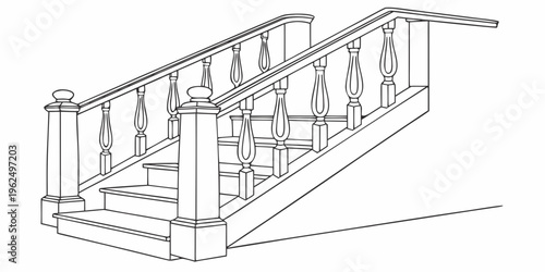 A detailed illustration of a grand staircase with ornate railings and balusters