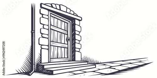 An old stone doorway with a wooden door and three steps leading up to it.