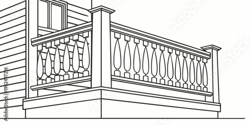 Elegant white wooden balcony with intricate railing design on a building facade