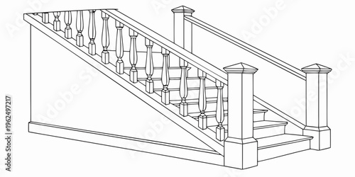 A detailed architectural drawing of a grand staircase with intricate railings and supports