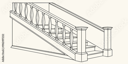 A detailed architectural drawing of a grand staircase with intricate railings and columns