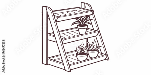 A three-tiered wooden plant stand with potted plants on each level.