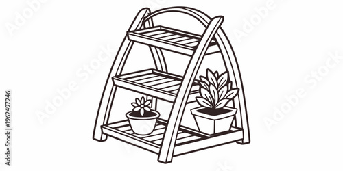 A three-tiered wooden plant stand with various potted plants on each level