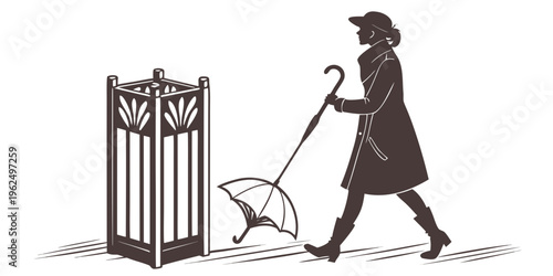 Elegant woman with umbrella walking past a decorative street lamp