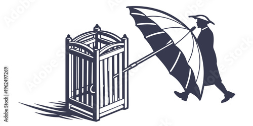 A person with an umbrella pushing a birdcage on a rainy day