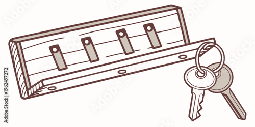 A set of keys placed next to a key holder on a white background