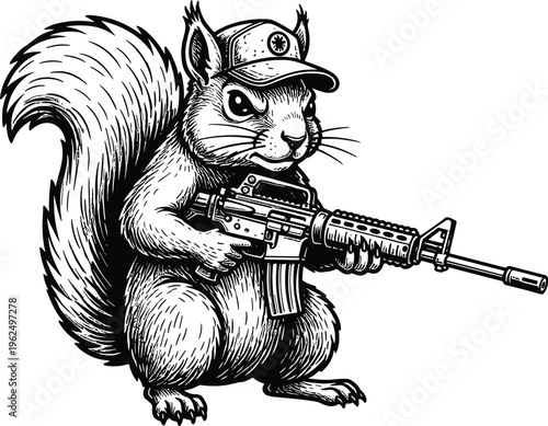 Cartoon squirrel vector illustration wearing baseball cap holding rifle, humorous animal character design artwork combining wildlife and combat elements