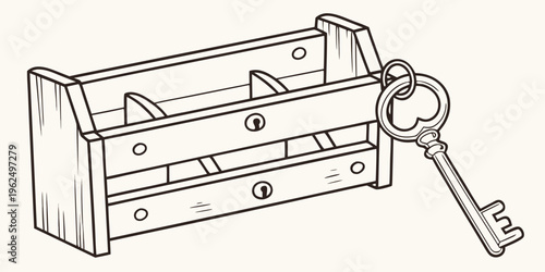 An old wooden toolbox with a large key resting on top of it.