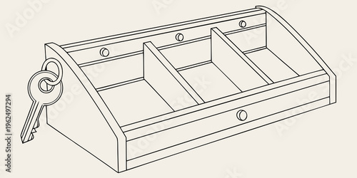 A vintage wooden desk organizer with three compartments and a key