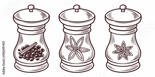 Three vintage glass jars with metal lids and different designs on the front.