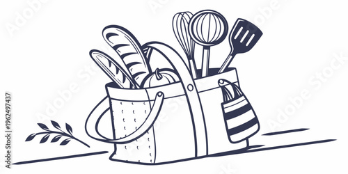 A basket filled with various kitchen utensils and a loaf of bread.