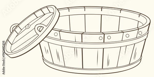 A detailed sketch of a wooden barrel with its lid placed beside it