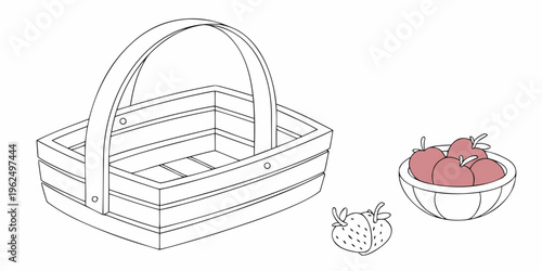 A charming illustration of a basket filled with fresh apples and a small pig nearby