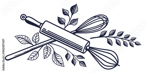 A rolling pin, whisk, and fresh herbs on a wooden table with leaves