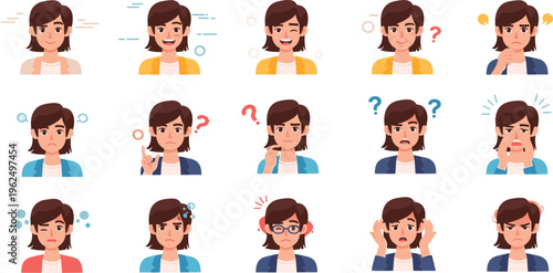 Set of Female Facial Expressions Showing Emotions, Confusion, Stress, and Reactions