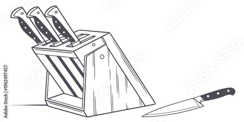 A knife block with several knives and a single knife lying outside on a countertop.