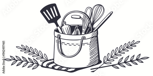 Assorted kitchen utensils in a bucket surrounded by decorative leaves
