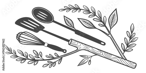 A variety of kitchen utensils arranged on a wooden branch with leaves