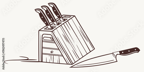 A set of sharp knives neatly arranged in a wooden block with a large knife resting on the counter.