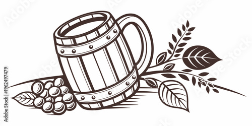 A wooden tankard filled with beer accompanied by a sprig of leaves and berries