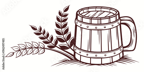 A rustic wooden barrel with wheat stalks and a mug, evoking a sense of brewing and harvest.