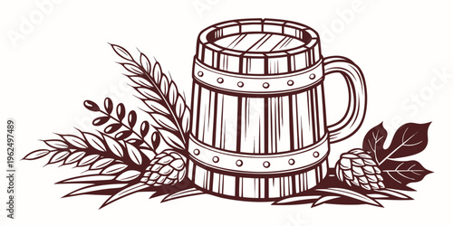 A rustic wooden mug filled with frothy beer surrounded by hop leaves and barley.