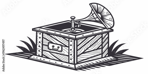 Vintage record player on a wooden crate with a fan on top