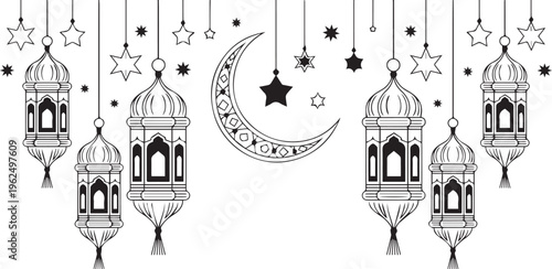 Ramadan lanterns, crescent moon, star decorations, Islamic vector icons, black and white