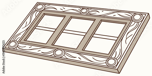 An intricately designed wooden window frame with three panes