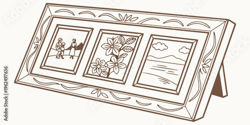 An antique wooden display case with three compartments showcasing vintage postcards.